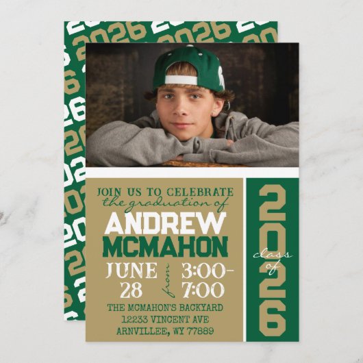 Brons Goud & Groen Afstuderen Fotouitnodiging Kaart (Voorkant / Achterkant)