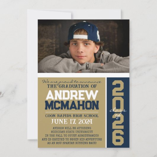 Brons & Navy Modern Afstuderen Foto Aankondiging (Voorkant)