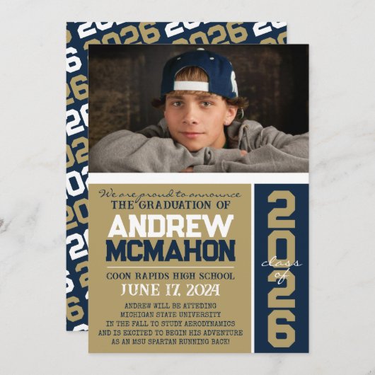 Brons & Navy Modern Afstuderen Foto Aankondiging (Voorkant / Achterkant)