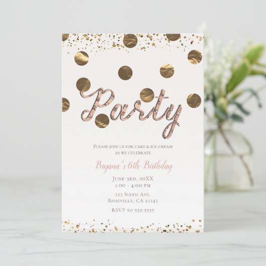 Brons Polka Dots Roos Goud Modern Verjaardagsfeest Kaart (Staand voorkant)