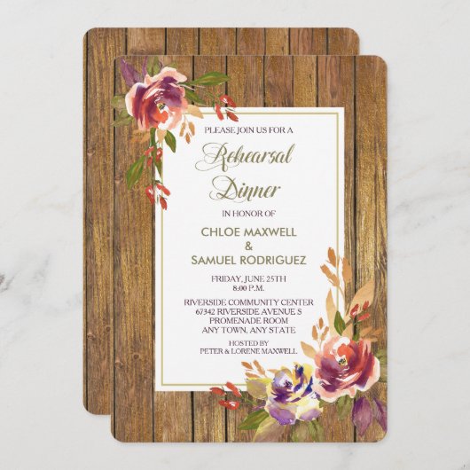 Brons Roos Hout Bloemen Bruiloft Diner Uitnodiging (Voorkant / Achterkant)