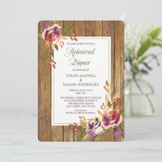 Brons Roos Hout Bloemen Bruiloft Diner Uitnodiging (Staand voorkant)