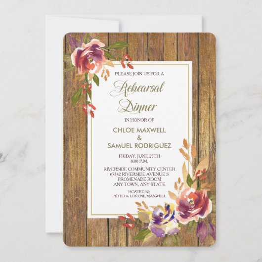 Brons Roos Hout Bloemen Bruiloft Diner Uitnodiging (Voorkant)