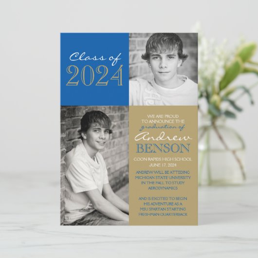 Brons & Royal Blue Foto Afstuderen Aankondiging (Staand voorkant)