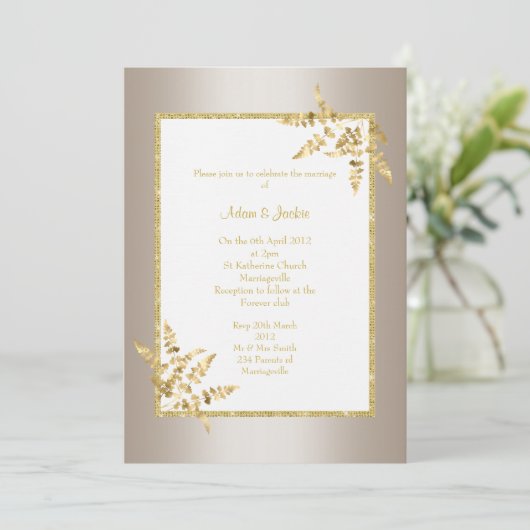 BRONS WIT GOUD BLAD ELEGANT STIJLVOL BRUILOFT KAART (Staand voorkant)