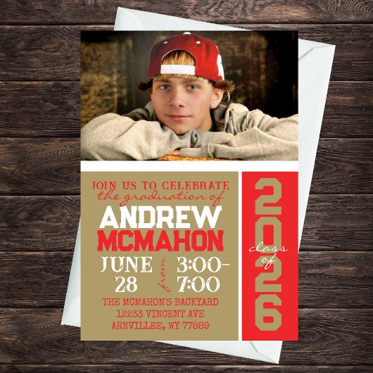 Bronsgoud & Rood Afstuderen Fotouitnodiging Kaart