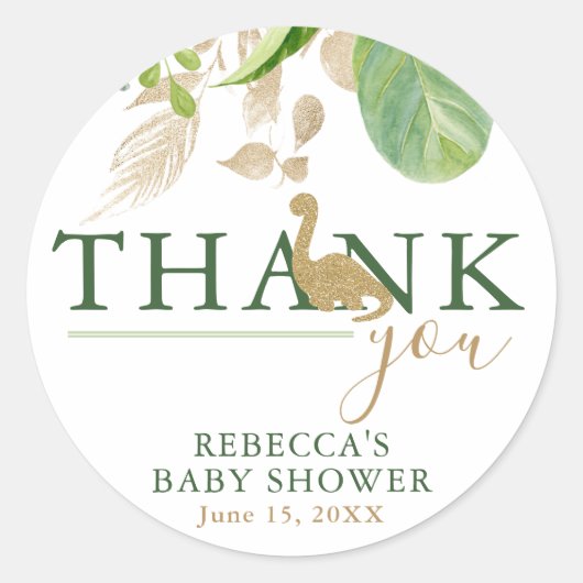 Brontosaurus Dinosaur Groen en Goud Baby shower Ronde Sticker (Voorkant)