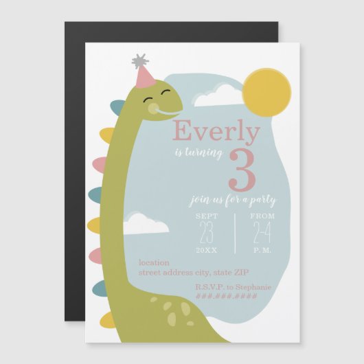 Brontosaurus Dinosaur Pink Birthday Magnetische Uitnodiging (Voorkant / Achterkant)