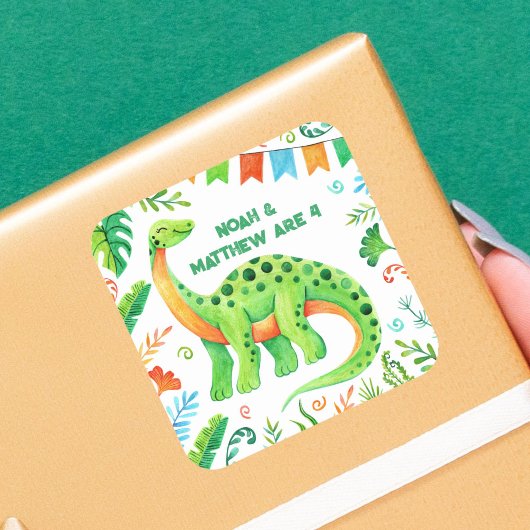 Brontosaurus Dinosaurus Double Celebration Boys Vierkante Sticker