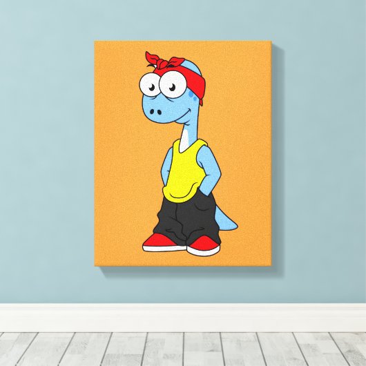 Brontosaurus gekleed in hiphop kleding. canvas afdruk (Insitu (Houten vloer))