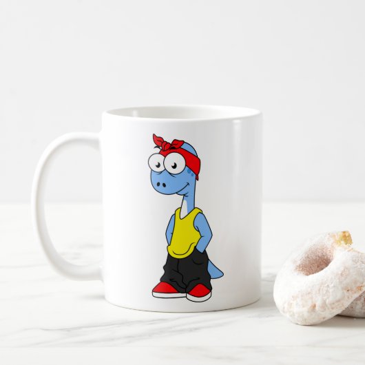 Brontosaurus gekleed in hiphop kleding. koffiemok (Met donut)
