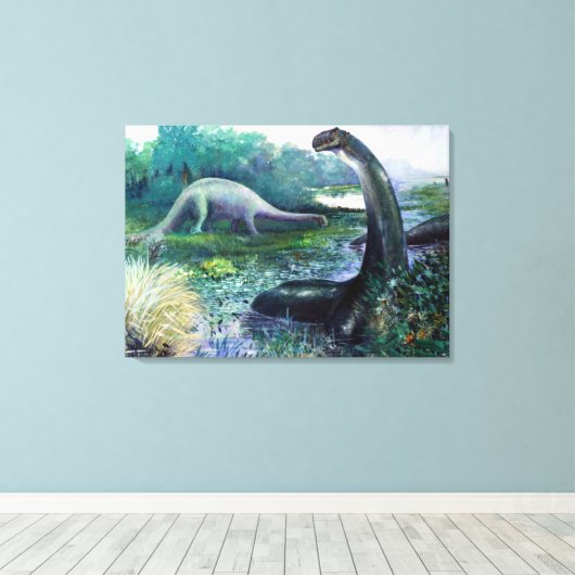 Brontosaurus in water canvas afdruk (Insitu (Houten vloer))
