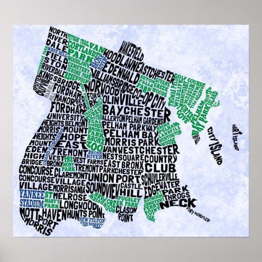 Bronx New York City Typografische Map Poster (Voorkant)