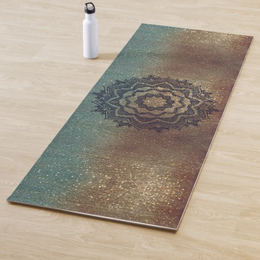 Bronze and Green Shimmery Mandala Yoga Mat (In situ)