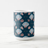 Bronze and Light Blue Seashells on Dark Ocean Blue Koffiemok (Center)