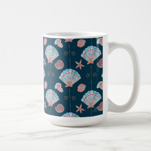 Bronze and Light Blue Seashells on Dark Ocean Blue Koffiemok (Rechts)