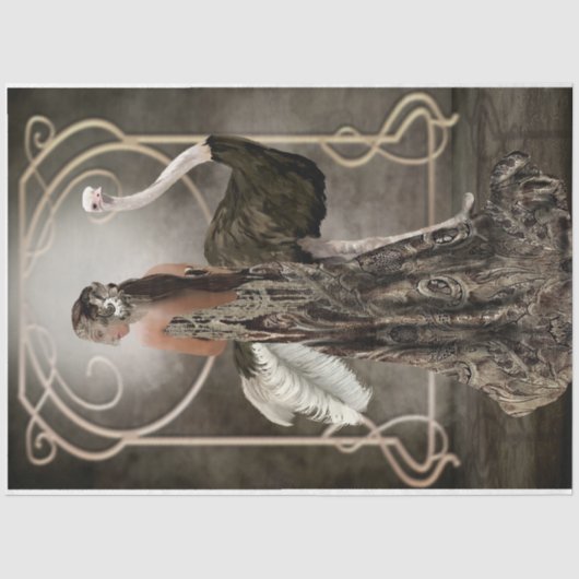 Bronze Art Deco Elegant Lady Ostrich Portret Art Tissuepapier (Voorkant)