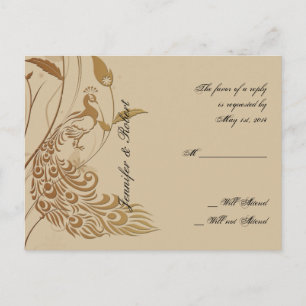Bronze Art Deco Peacock Floral RSVP Briefkaart v2