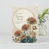 Bronze Astrantia Teal Botanical Wedding Kaart (Staand voorkant)