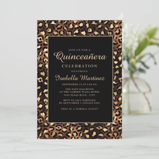 Bronze Black Gold Leopard Quinceañera Party Kaart (Staand voorkant)