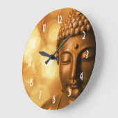 Bronze Boeddha-standbeeld met Golden Bokeh-achterg Grote Klok (Hoek)