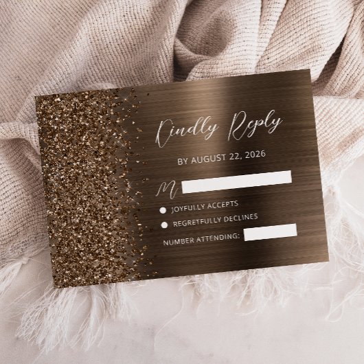 Bronze Brushed Metal Glitter Script Wedding RSVP Kaartje