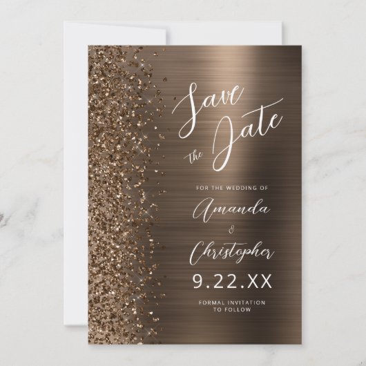 Bronze Brushed Metal Script Save the Date Aankondiging (Voorkant)