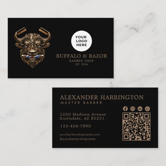 Bronze Buffalo Professional Barber Shop Qr Code Visitekaartje (Voorkant / Achterkant)