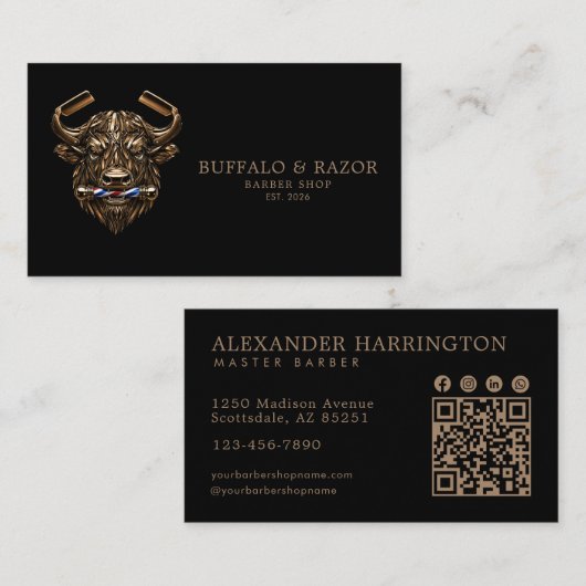Bronze Buffalo Professional Barber Shop Qr Code Visitekaartje (Voorkant / Achterkant)
