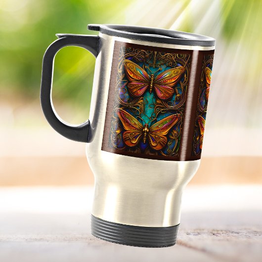 Bronze Butterflies op Aqua Blue Reisbeker