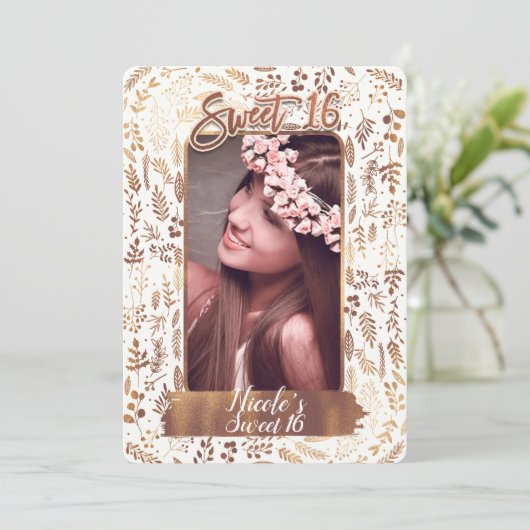 Bronze Copper Folie Modern Sweet 16 Verjaardagsfot Kaart (Staand voorkant)