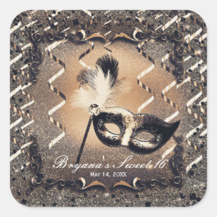 Bronze & Cream Masquerade Masker Elegant Ball Part Vierkante Sticker