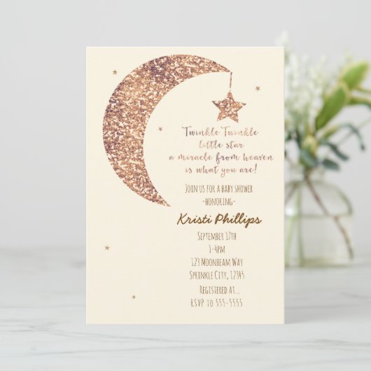Bronze Cream Moon & Stars Baby Shower Uitnodiginge Kaart (Staand voorkant)
