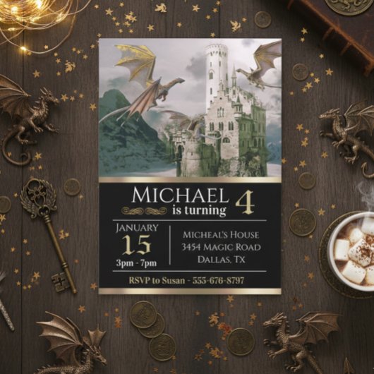 Bronze Dragon Medieval Castle Metallic Birthday Kaart