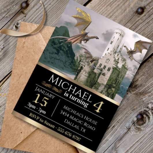 Bronze Dragon Medieval Castle Metallic Birthday Kaart