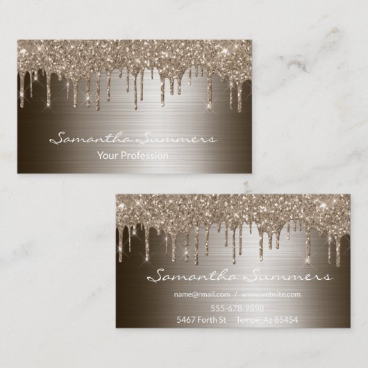 Bronze Druppels Metaal Elegant Aanpassen Glitter Visitekaartje (Voorkant / Achterkant)