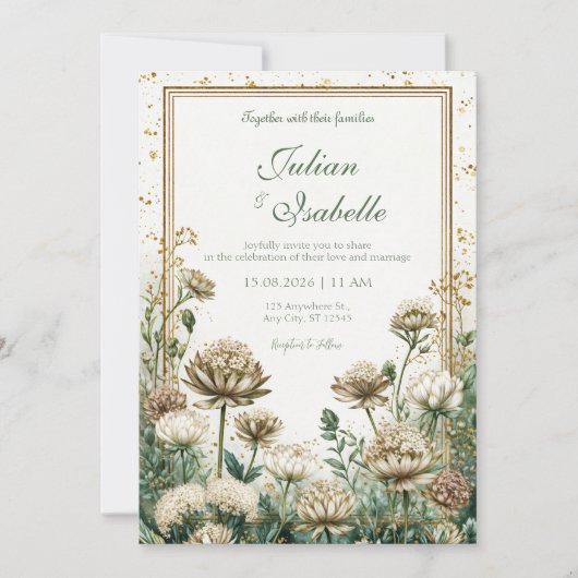 Bronze Emerald Watercolor Astrantia Wedding Kaart (Voorkant)