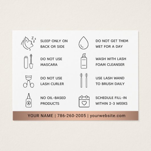 Bronze Eyelash Extensions Lash Aftercare Kaart (Achterkant)
