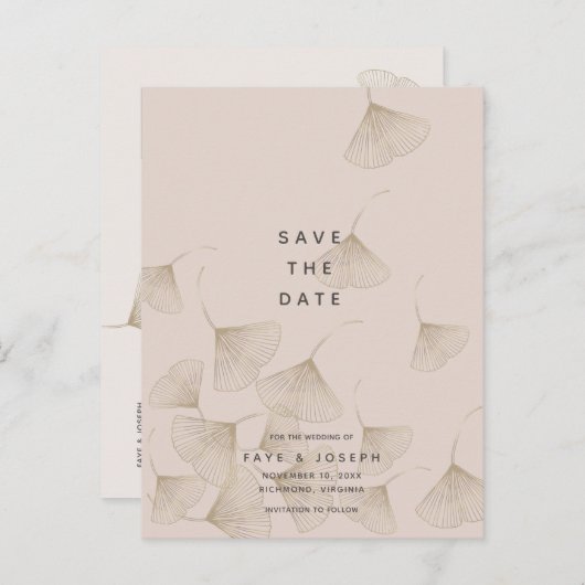 Bronze Ginkgo Leaves Pink Beige Save the Date Aankondigingskaart (Voorkant / Achterkant)