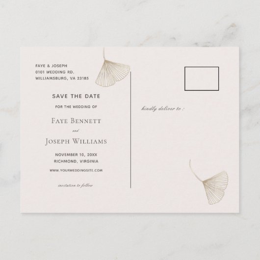 Bronze Ginkgo Leaves Pink Beige Save the Date Aankondigingskaart (Achterkant)