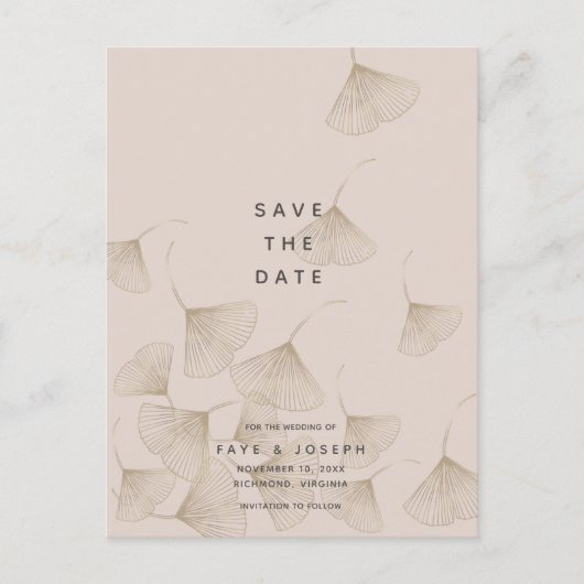 Bronze Ginkgo Leaves Pink Beige Save the Date Aankondigingskaart (Voorkant)