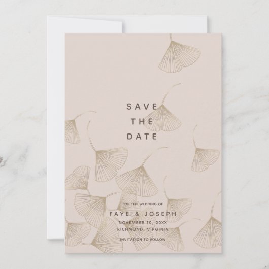 Bronze Ginkgo Leaves Pink Beige Save the Date Kaar Kaart (Voorkant)