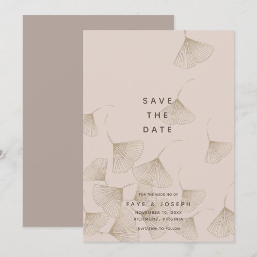 Bronze Ginkgo Leaves Pink Beige Save the Date Kaar Kaart (Voorkant / Achterkant)
