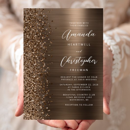 Bronze Glam Brushed Metal Glitter Wedding Kaart