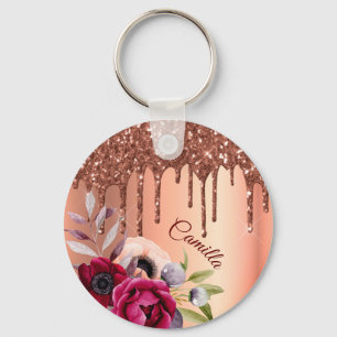 Bronze glitter drip koper metallic bloemen naam sleutelhanger