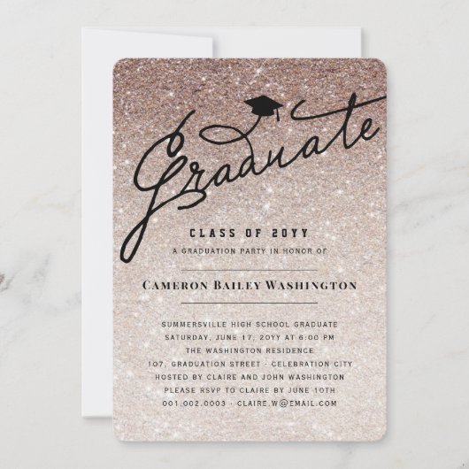 Bronze Glitter Stylish Afstuderen Graduparty Kaart (Voorkant)