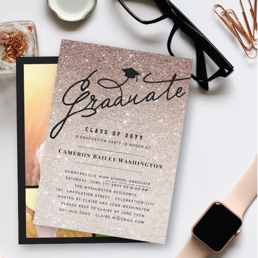 Bronze Glitter Stylish Afstuderen Graduparty Kaart