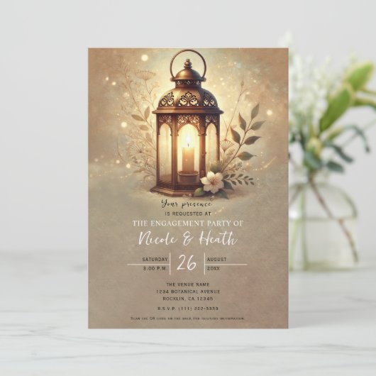 Bronze Glowing Lantern Romantisch Rustiek Verlovin Kaart (Staand voorkant)