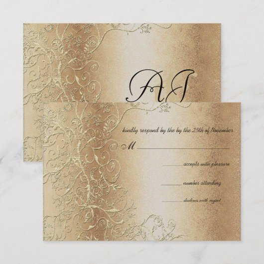 Bronze Gold en Black Swirls Wedding RSVP (Voorkant / Achterkant)