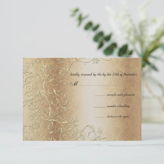 Bronze Gold en Black Swirls Wedding RSVP (Staand voorkant)